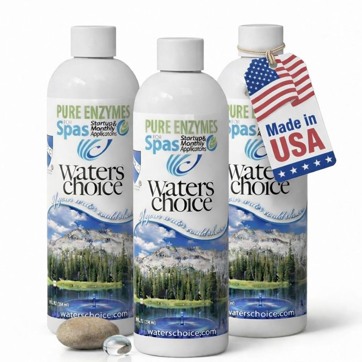 Waters Choice Pure Enzymes spa pack bottle side view for simple spa maintenance and clearer water.