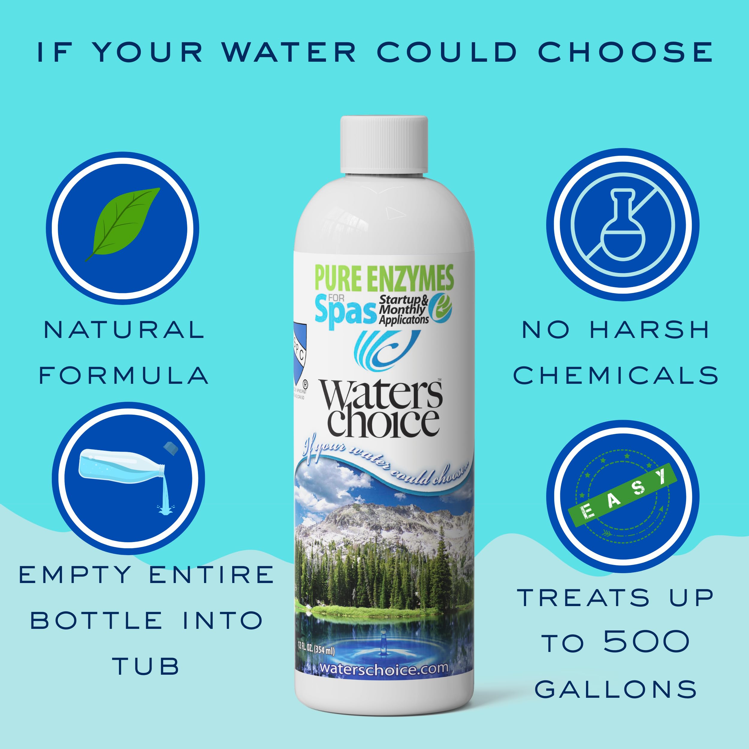 Waters Choice Pure Enzymes spa pack eco-friendly claim reinforces reduced chemical smells in spas.