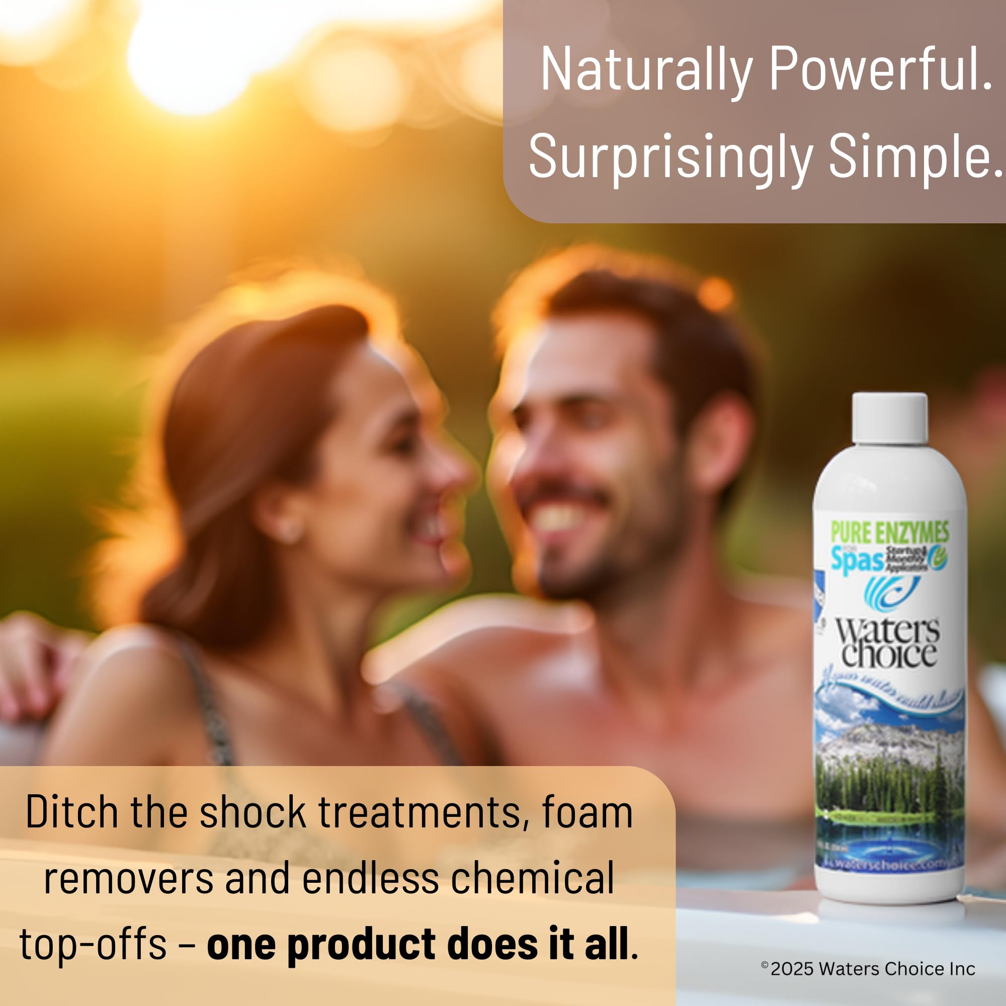Waters Choice Pure Enzymes spa pack in hand demonstrates easy, mess-free treatment for spa clarity.