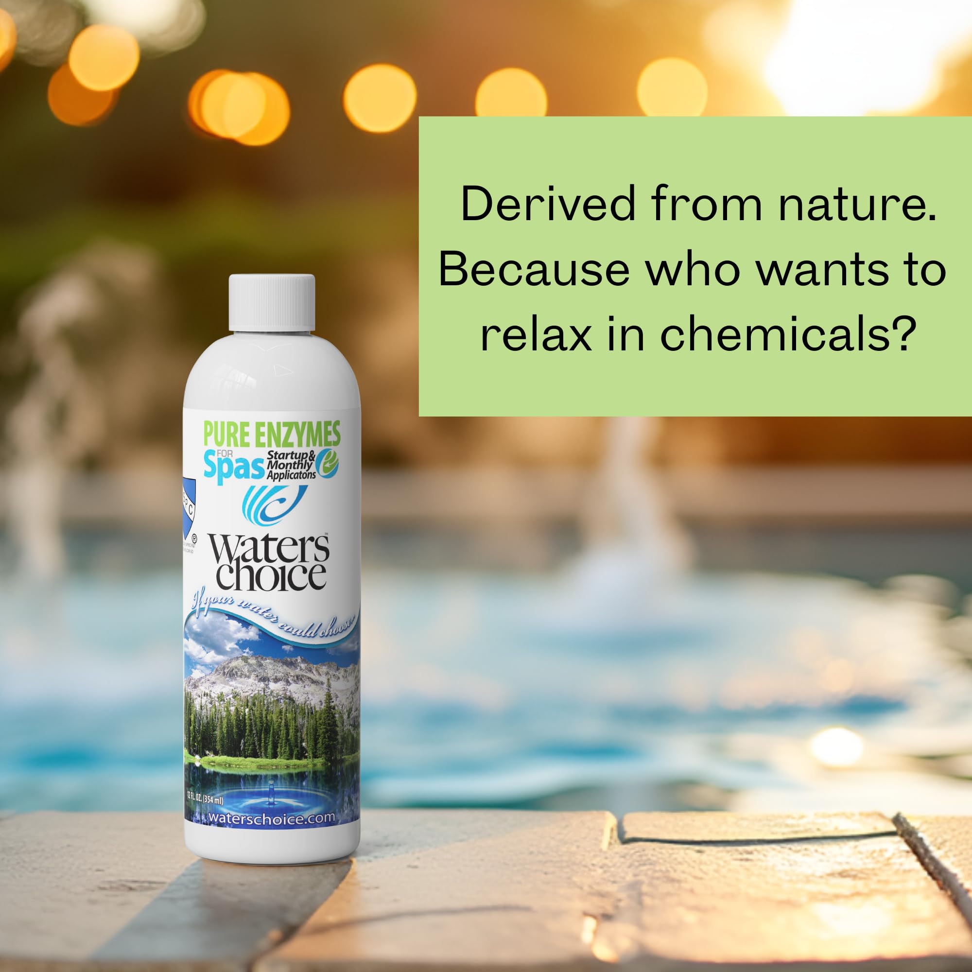 Waters Choice Pure Enzymes spa label closeup showing eco-friendly enzyme solution for spas.