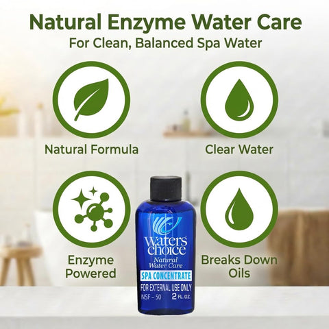 Waters Choice enzyme concentrate beside spa-friendly acrylic tub setup