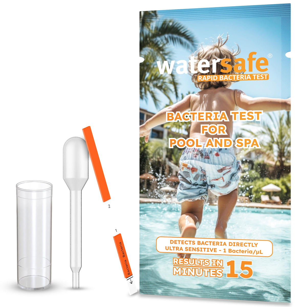 Watersafe pool bacteria test strip for quick on-site pool maintenance.
