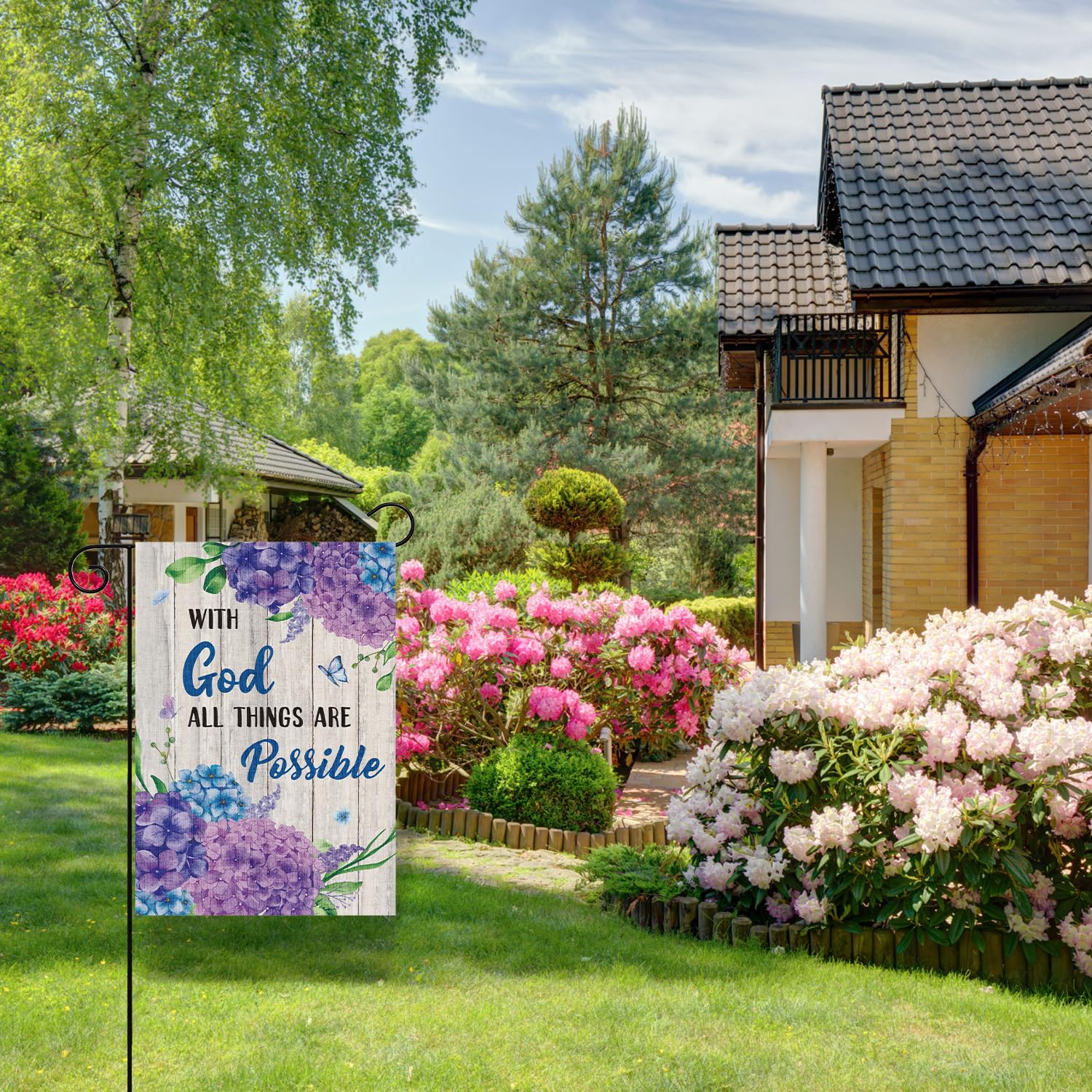 WATINC outdoor yard flag adds floral color to garden spaces.