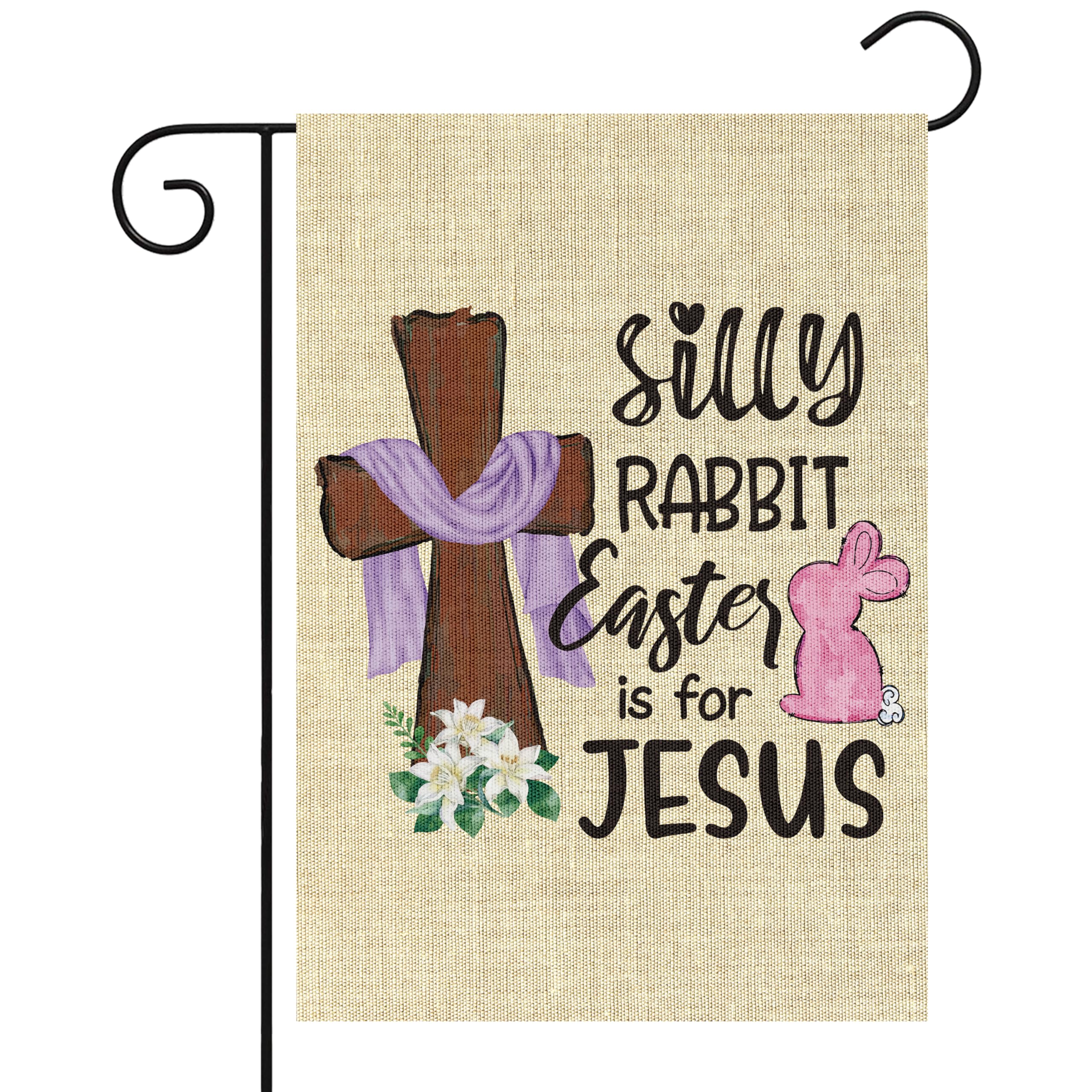 WATINC Silly Rabbit Easter flag in burlap for yard decor with cross and flowers