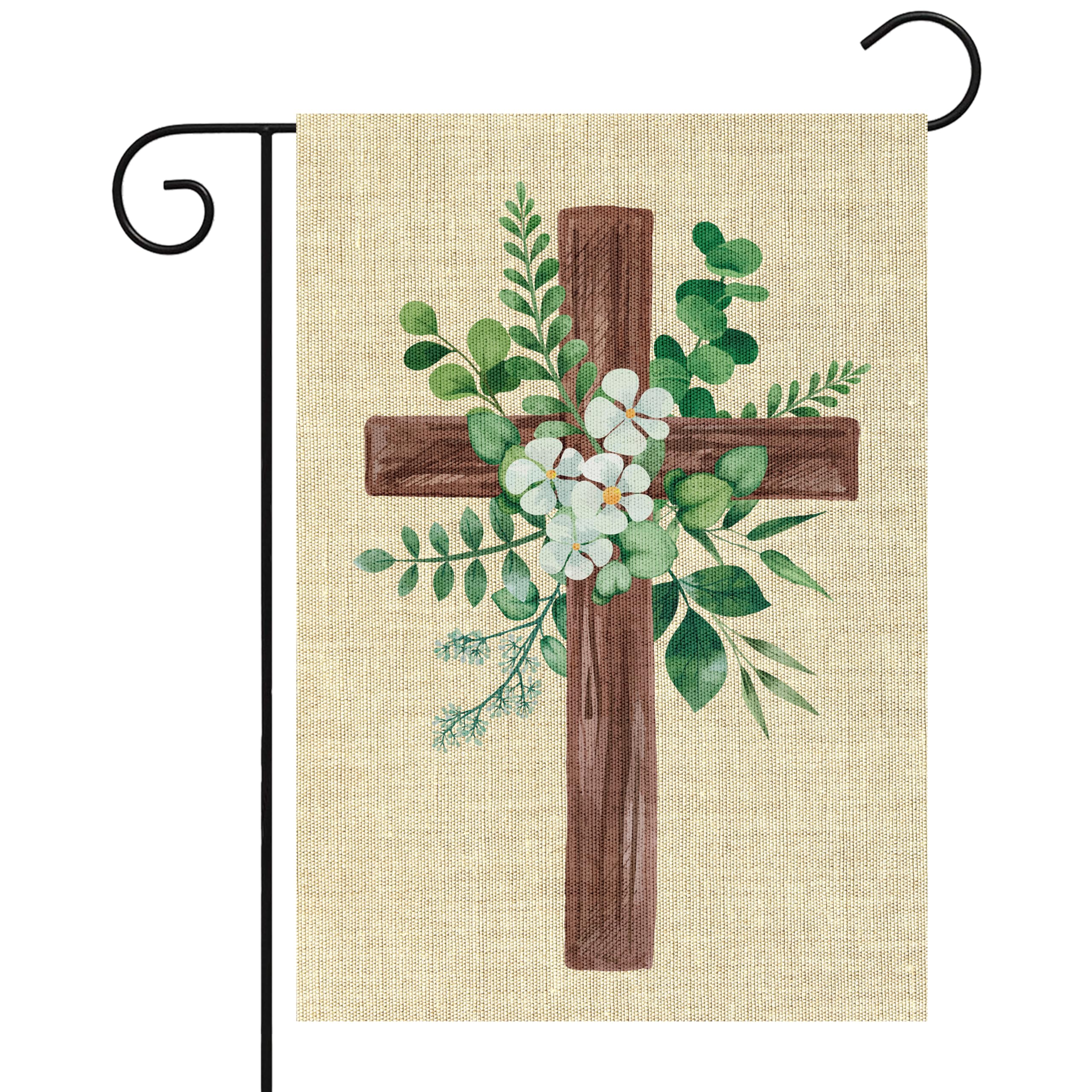 Watinc eucalyptus cross garden flag—vibrant spring design for outdoor porch and yard.