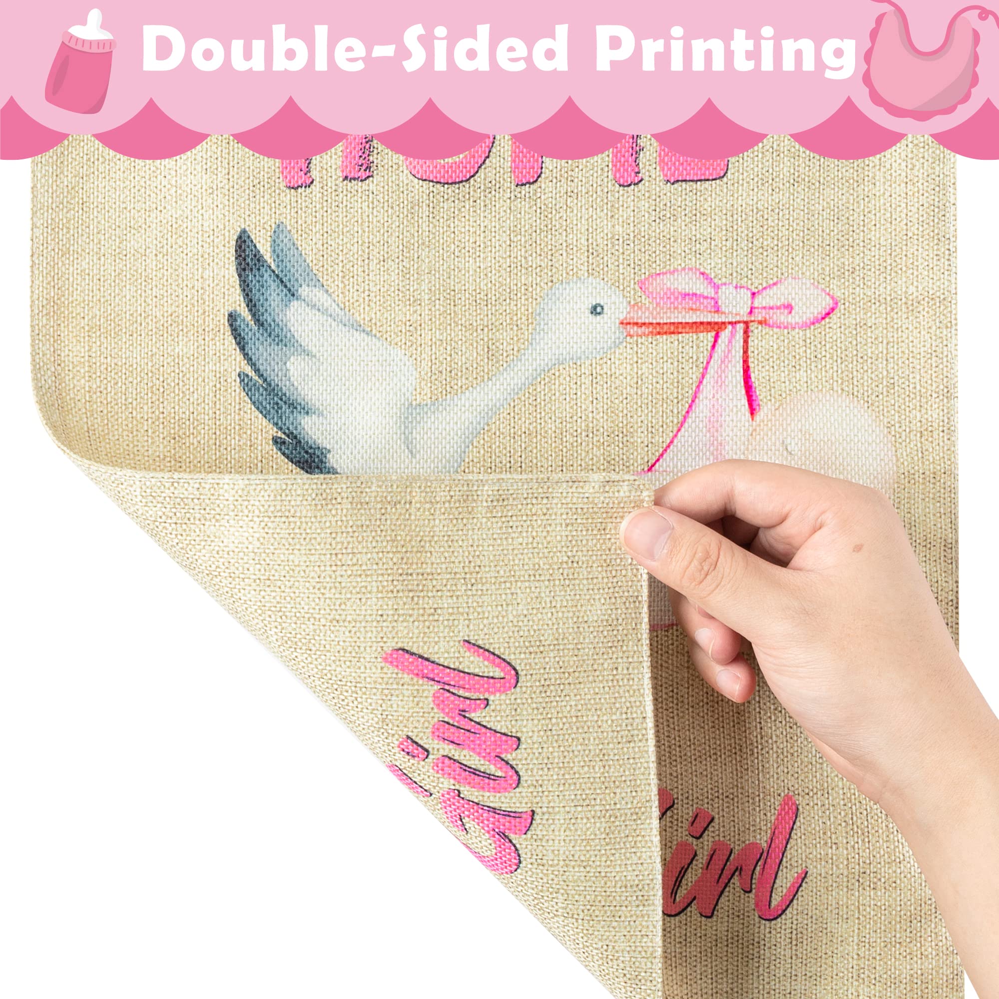 Stork carrying baby girl image on WATINC flag for baby shower decor.