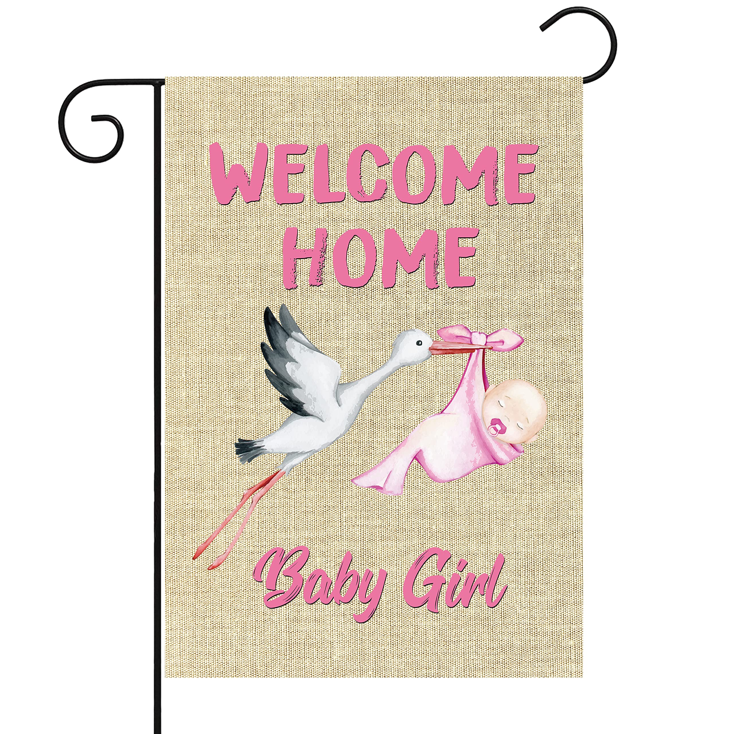 WATINC Welcome Home Baby Girl burlap flag with stork design for outdoor decor.
