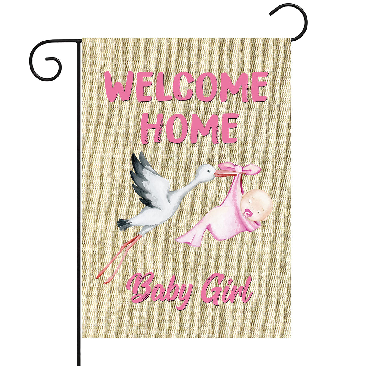 WATINC Welcome Home Baby Girl burlap flag with stork design for outdoor decor.
