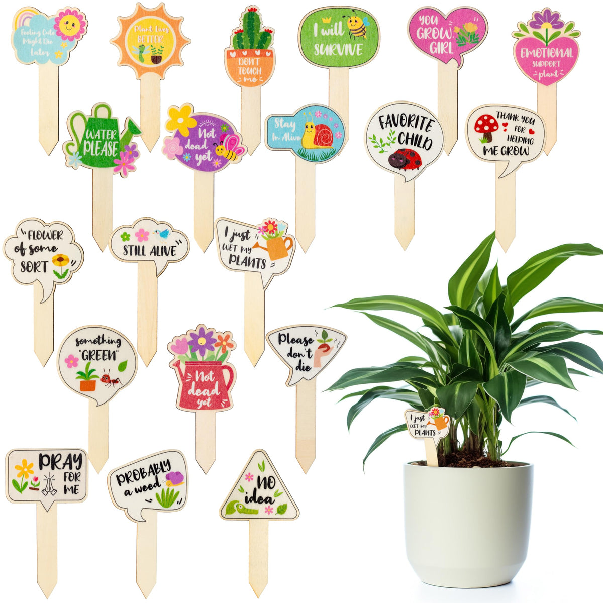 WATINC wooden plant markers with fun designs for clear pot labeling.