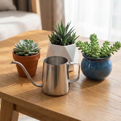 Watmtin silver-finish watering can is durable in sun and humidity