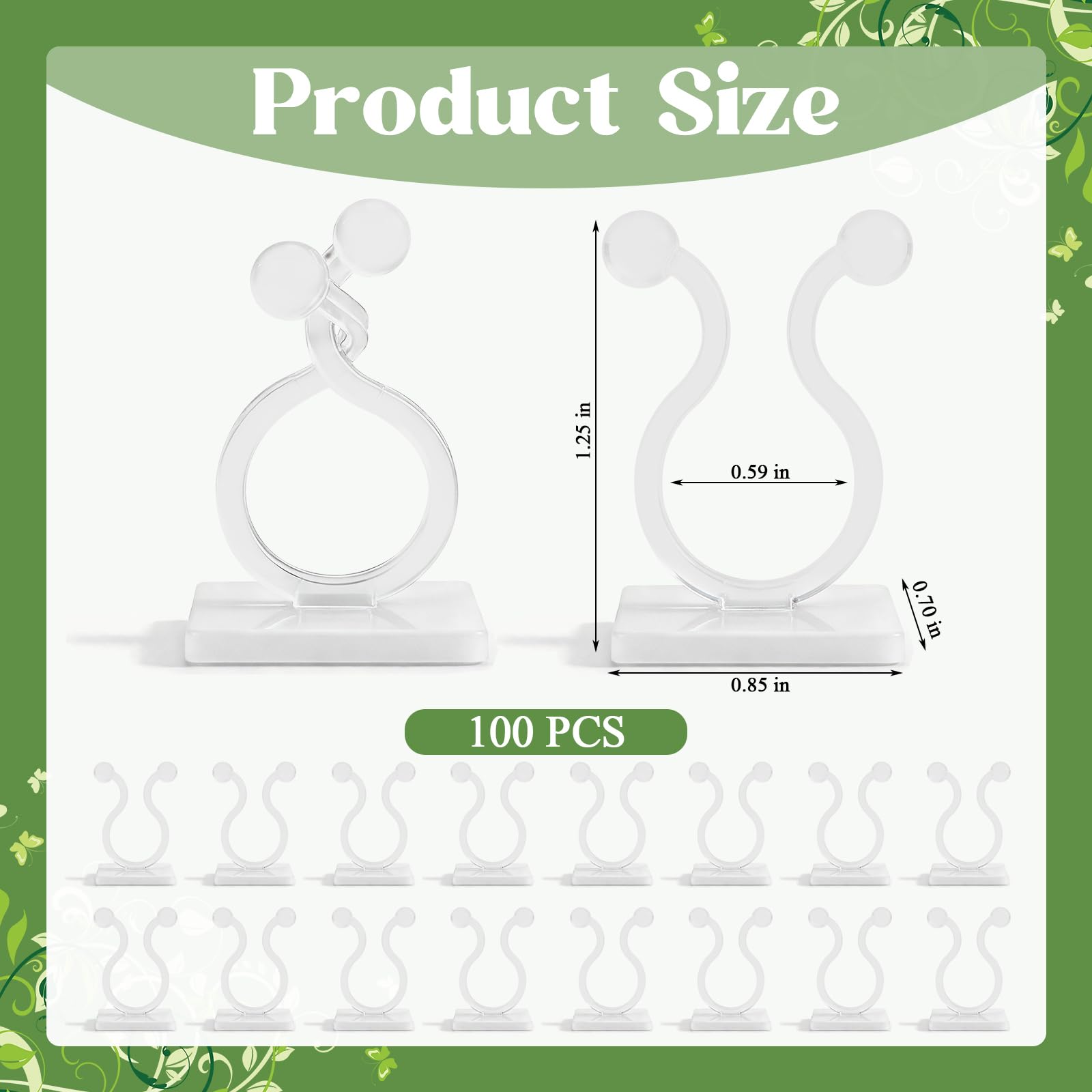 Watmtin clip features strong adhesive that withstands rain for outdoor vines.