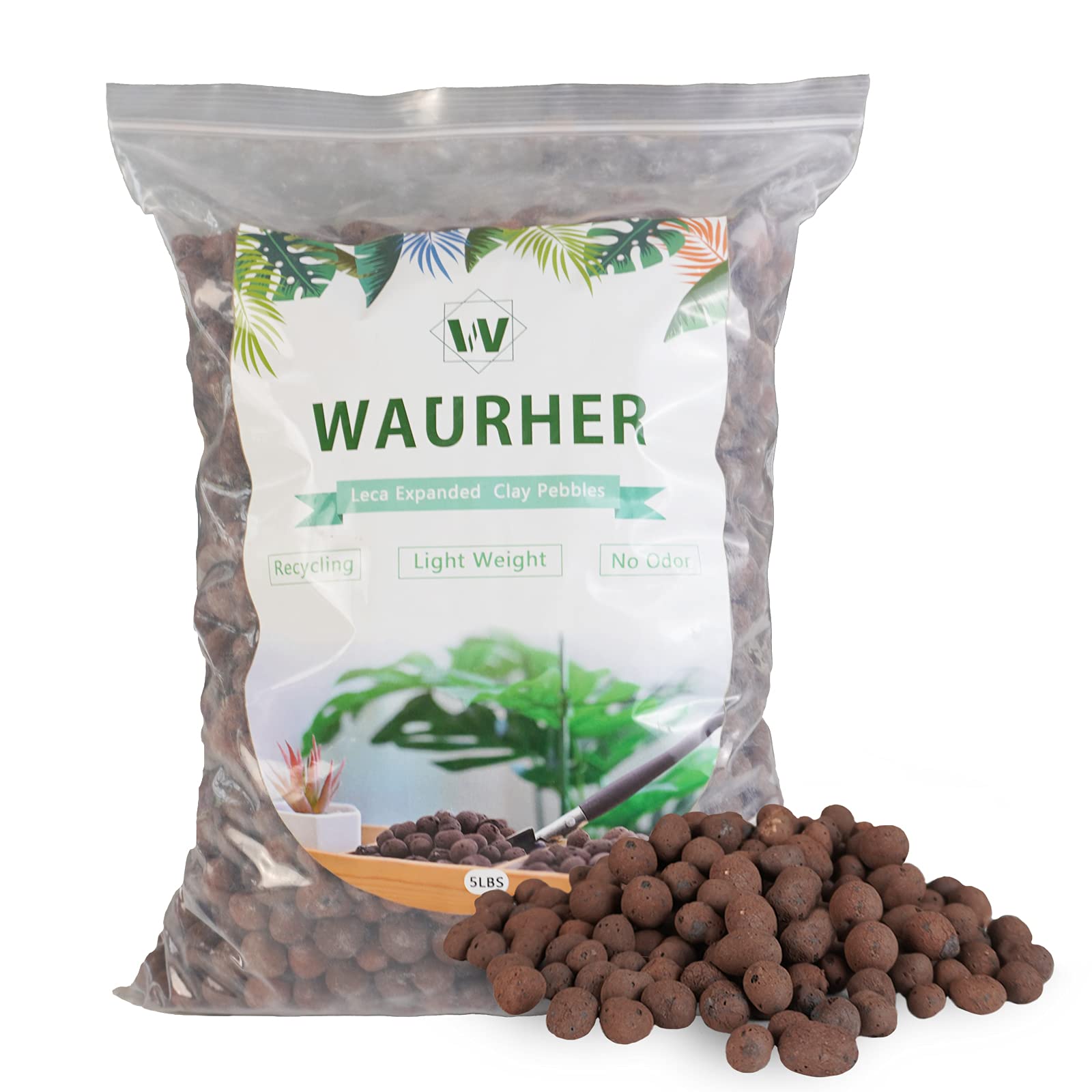 WAURHER Leca expanded clay pebbles bag close-up showing uniform 7–15 mm size for consistent drainage
