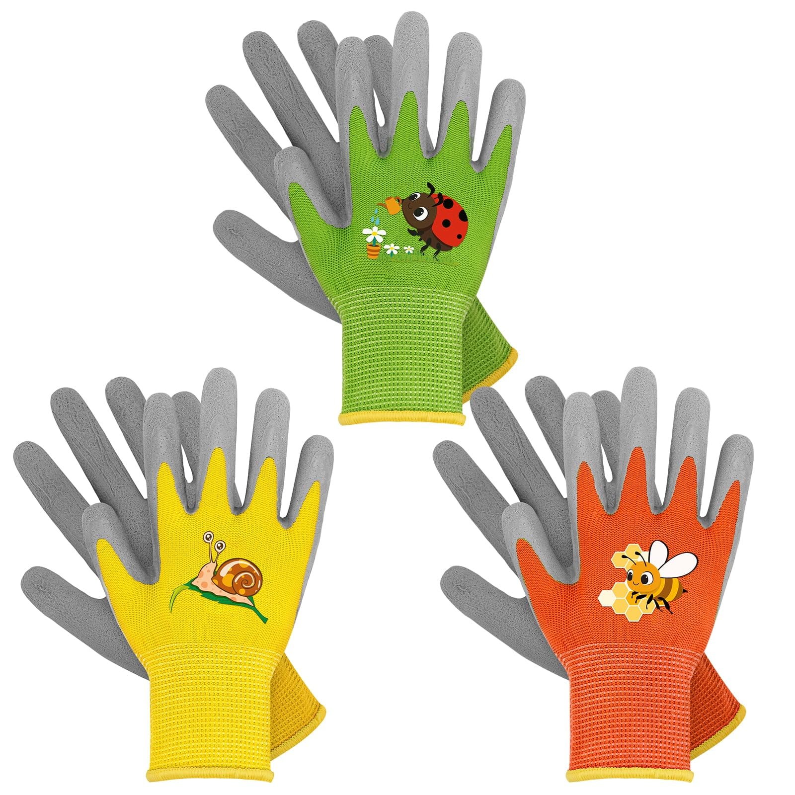 WAWSAM kids gardening gloves with orange insect pattern for safe, playful outdoor gardening.