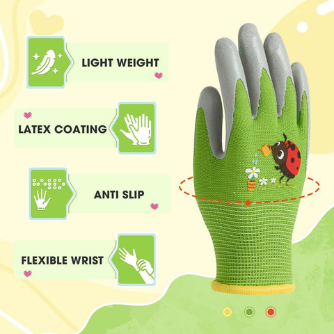 WAWSAM kids gloves with yellow insect patterns ideal for light garden tasks.