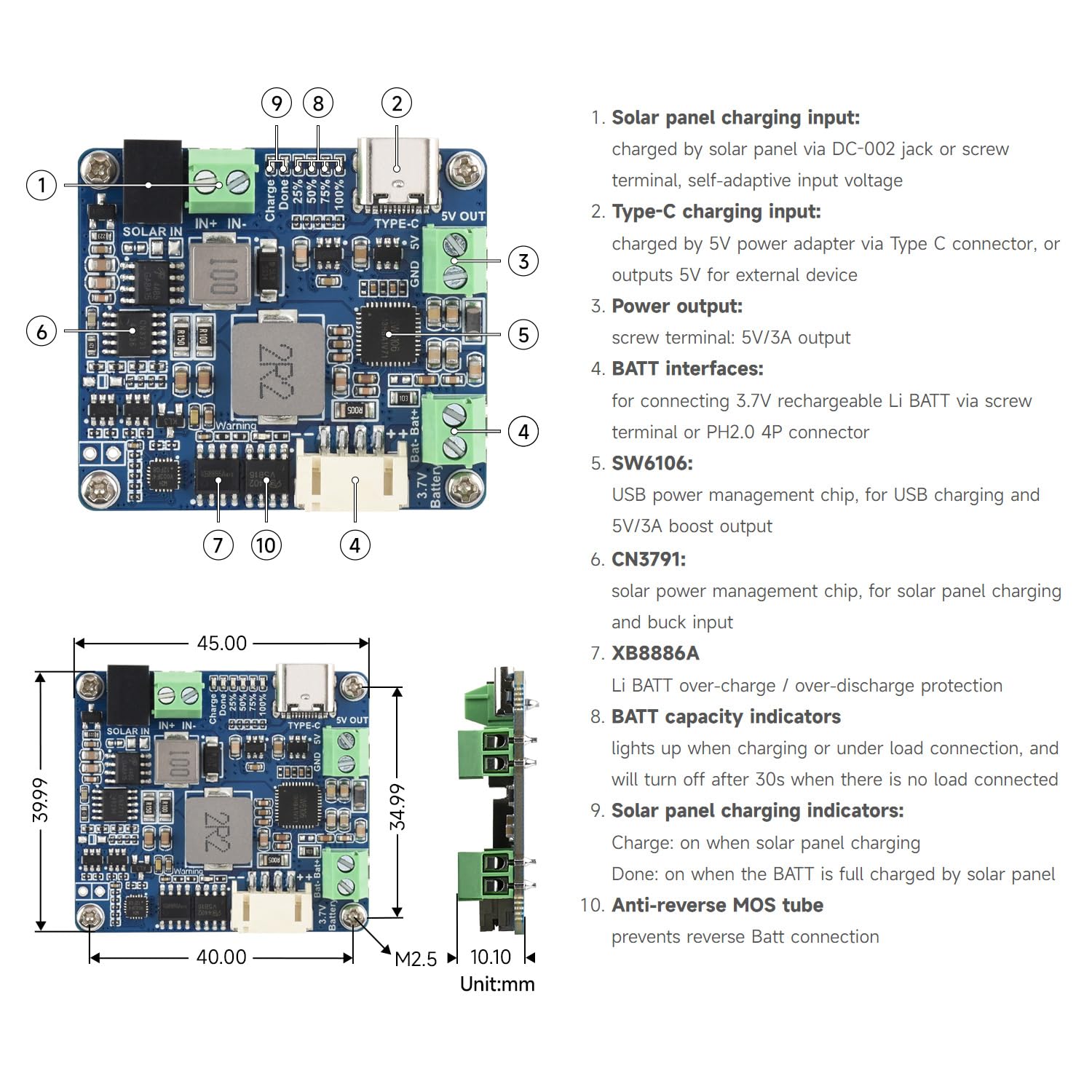 Waveshare Solar Power Manager D LED indicators simplify status monitoring.