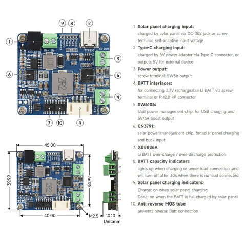 Waveshare Solar Power Manager D LED indicators simplify status monitoring.