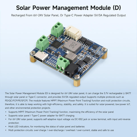 Waveshare Solar Power Manager D USB output provides 5V/3A charging option.