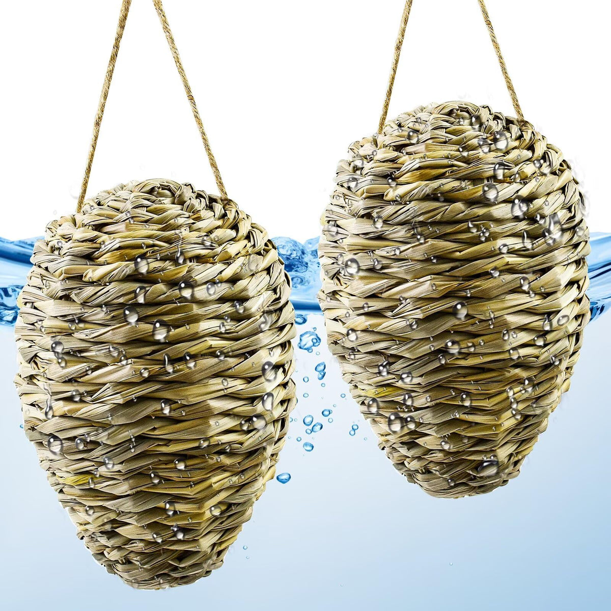 Waybas two-pack woven reed wasp nest decoys hanging for outdoor deterrence.