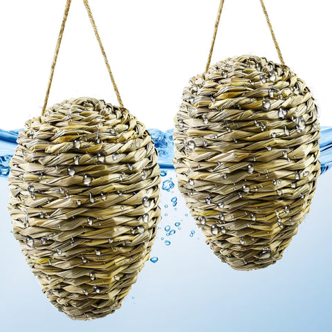 Waybas two-pack woven reed wasp nest decoys hanging for outdoor deterrence.