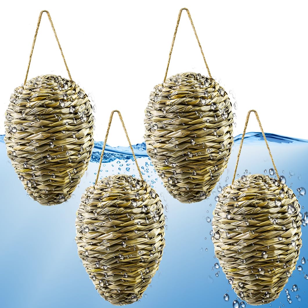 Waybas woven reed wasp nest decoy hanging under eaves for outdoor deterrence.