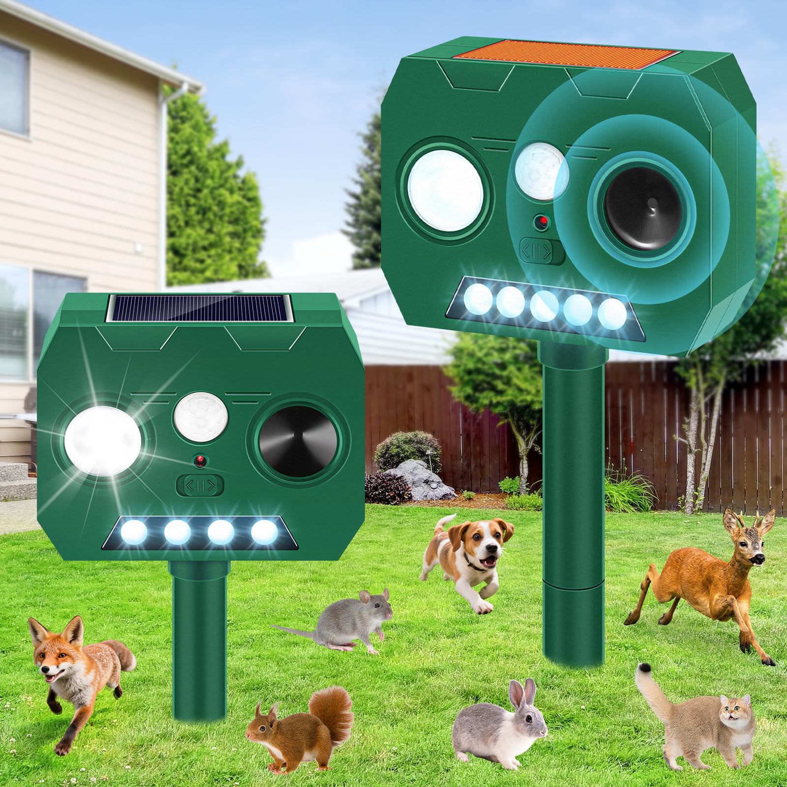 WAYSLA Solar Ultrasonic Animal Repellent front view protects gardens from pests with passive solar power