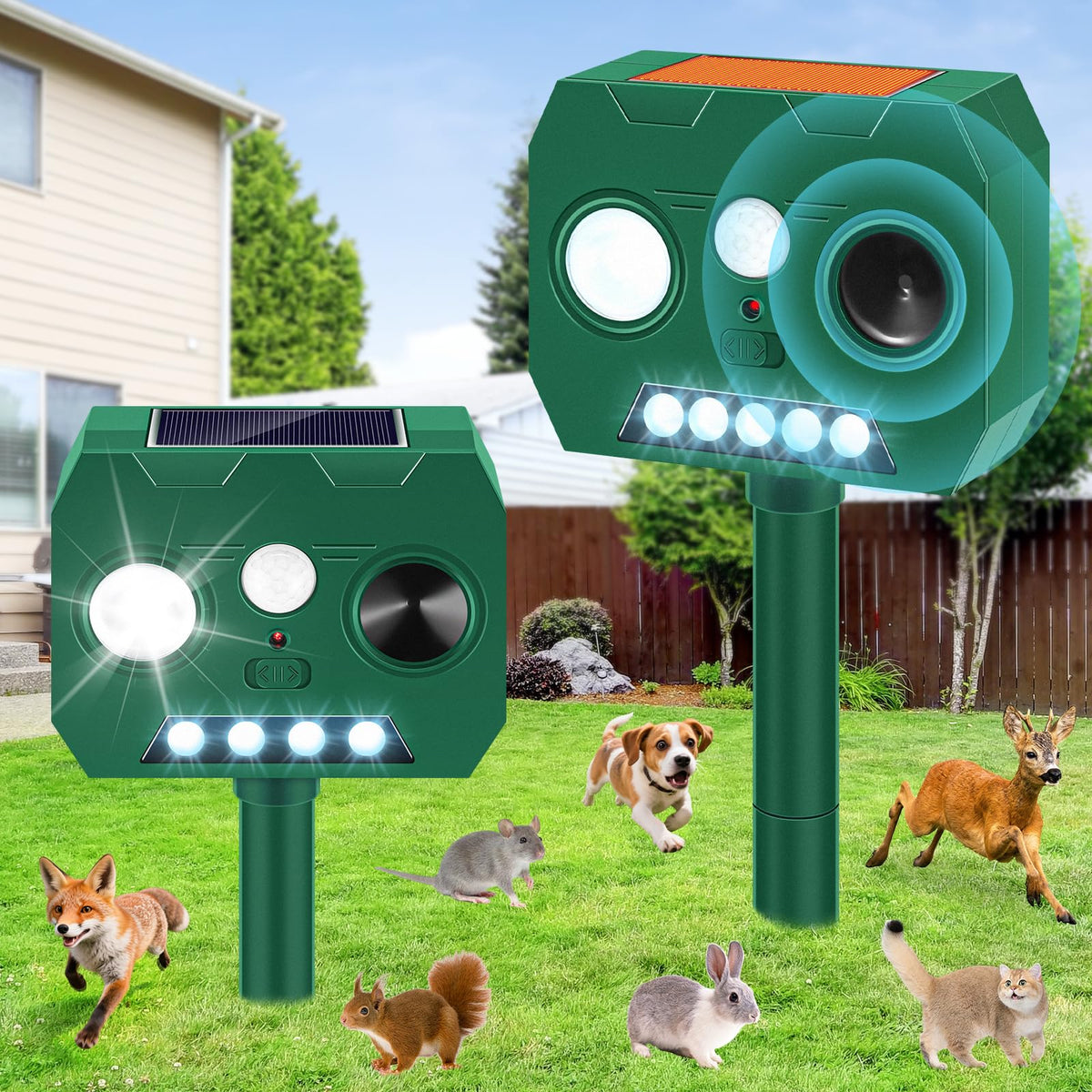 WAYSLA Solar Ultrasonic Animal Repellent front view protects gardens from pests with passive solar power
