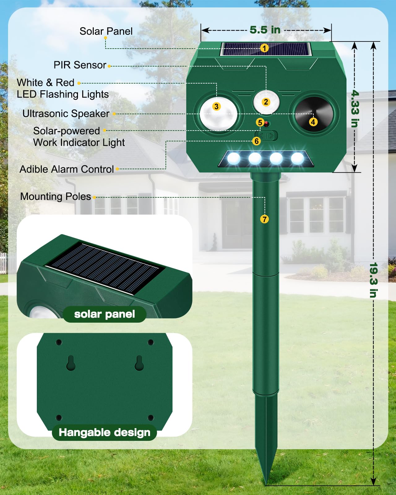 WAYSLA Solar Ultrasonic Animal Repellent side view shows 120° sensor deterring nearby wildlife