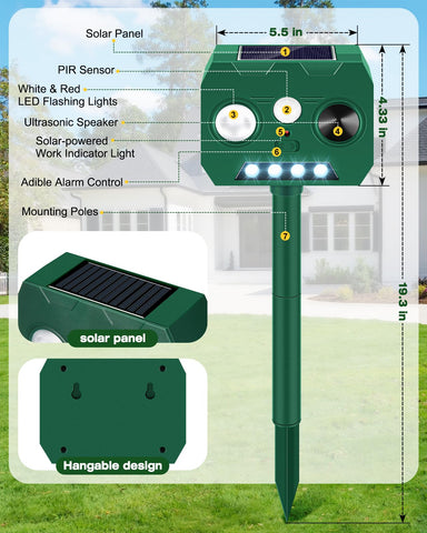 WAYSLA Solar Ultrasonic Animal Repellent side view shows 120° sensor deterring nearby wildlife