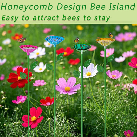 Wazitin bee island colorfully paired with flower cups supports safe watering for pollinators.
