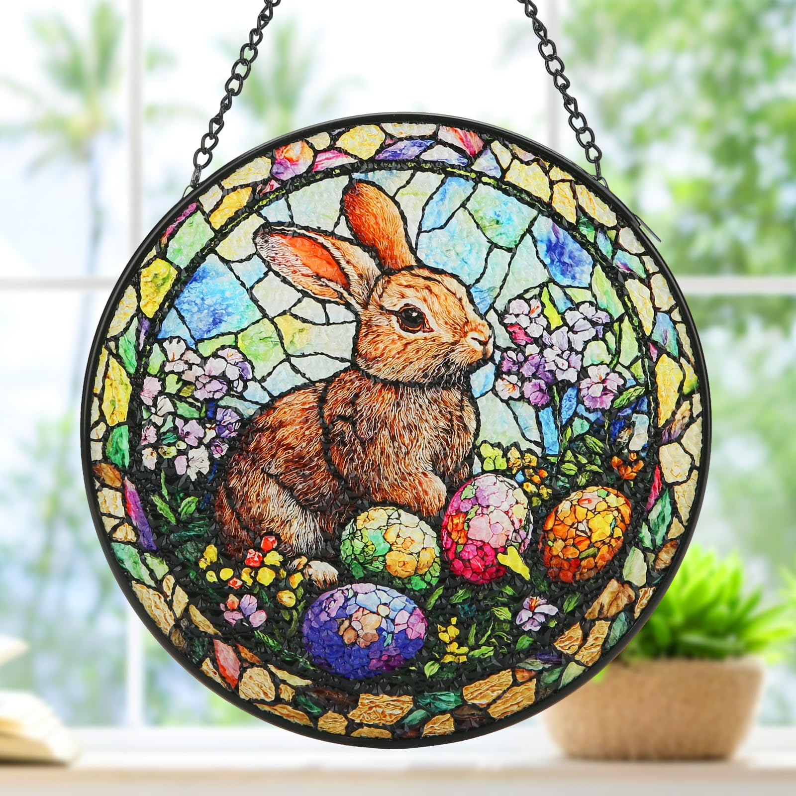 WDARTG Easter stained glass window hanging with bunny eggs, a vibrant sun catcher for sunny windows.