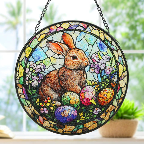 WDARTG Easter stained glass window hanging with bunny eggs, a vibrant sun catcher for sunny windows.