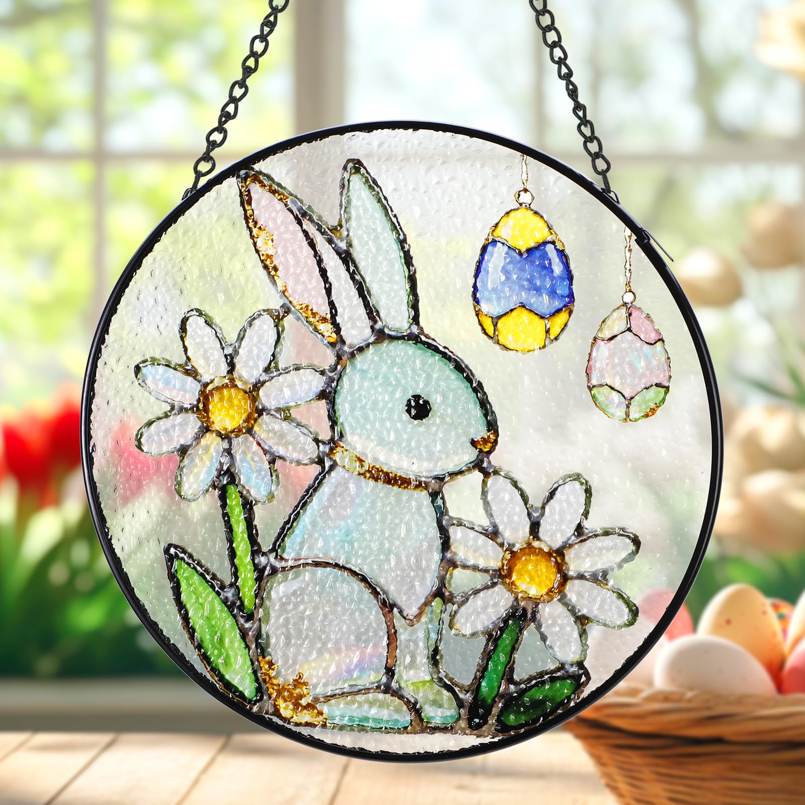 WDARTG stained glass window hanging with bunny eggs brightens indoor windows