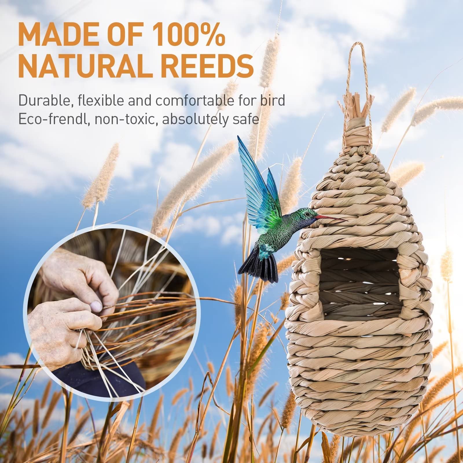 WDEFUN hand-woven hummingbird nest provides rustic shelter for garden visitors.