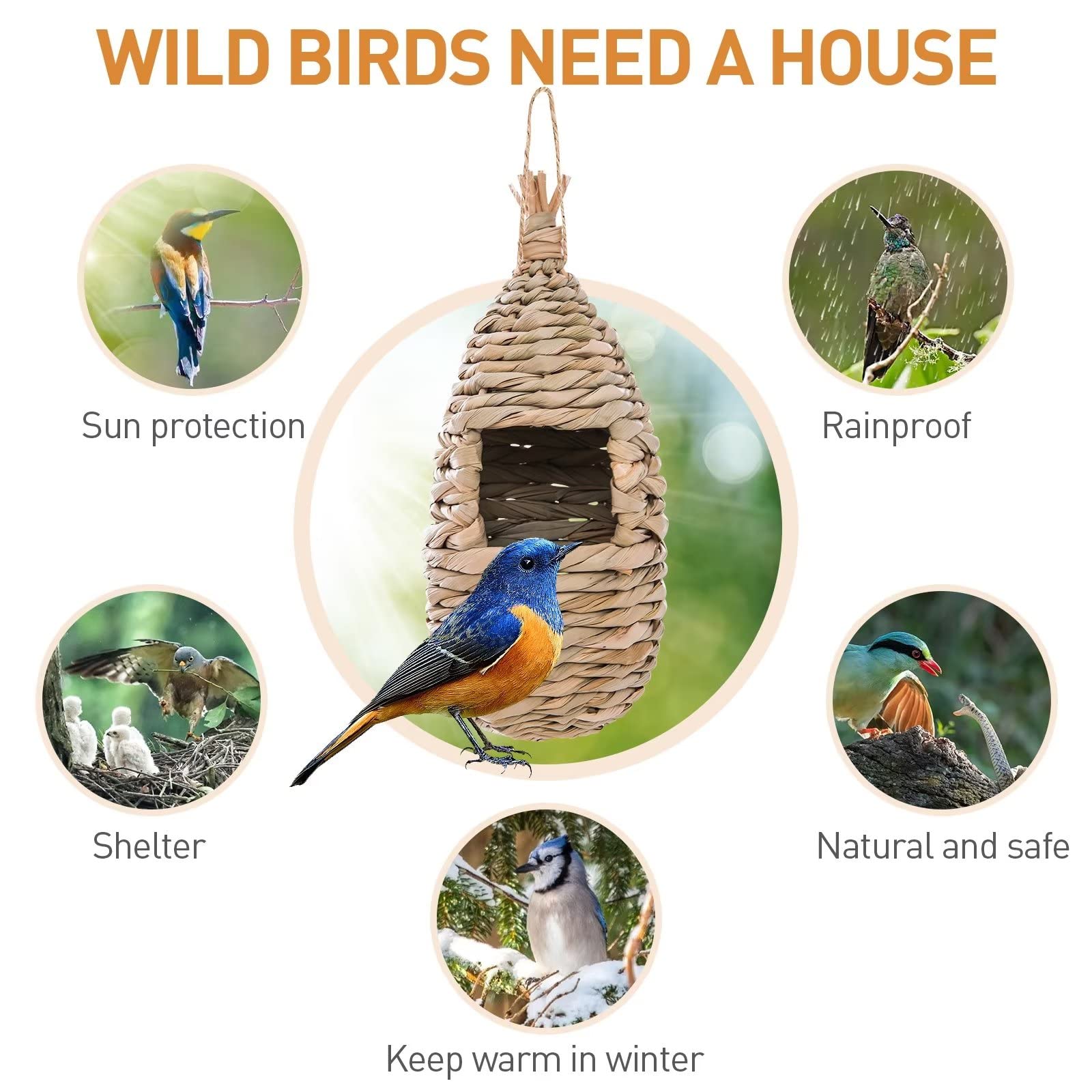 WDEFUN natural grass bird hut blends with garden scenery and shelters small birds.