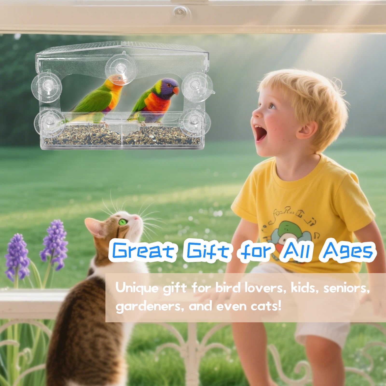 WDG acrylic wildlife seed feeder offers wide unobstructed viewing from indoors.