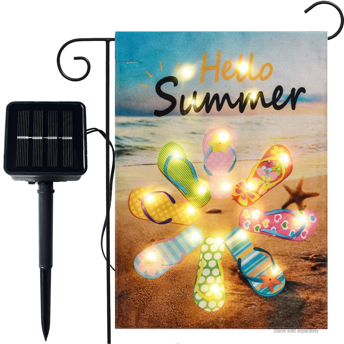 WDGG Hello Summer flip-flop flag with solar LEDs lights your patio at night