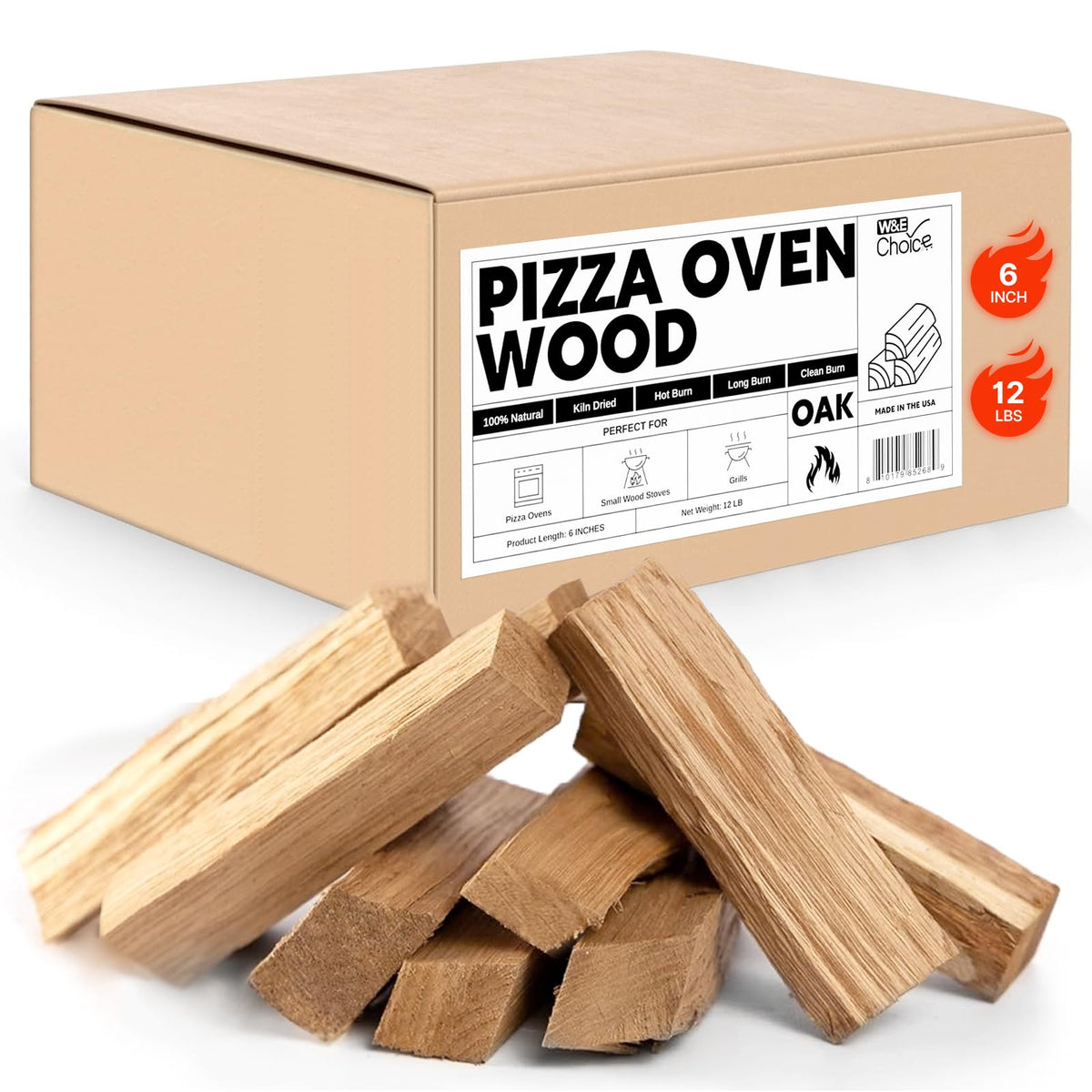 W&E Choice pizza wood 6-inch logs in a box for quick, even heat in pizza ovens