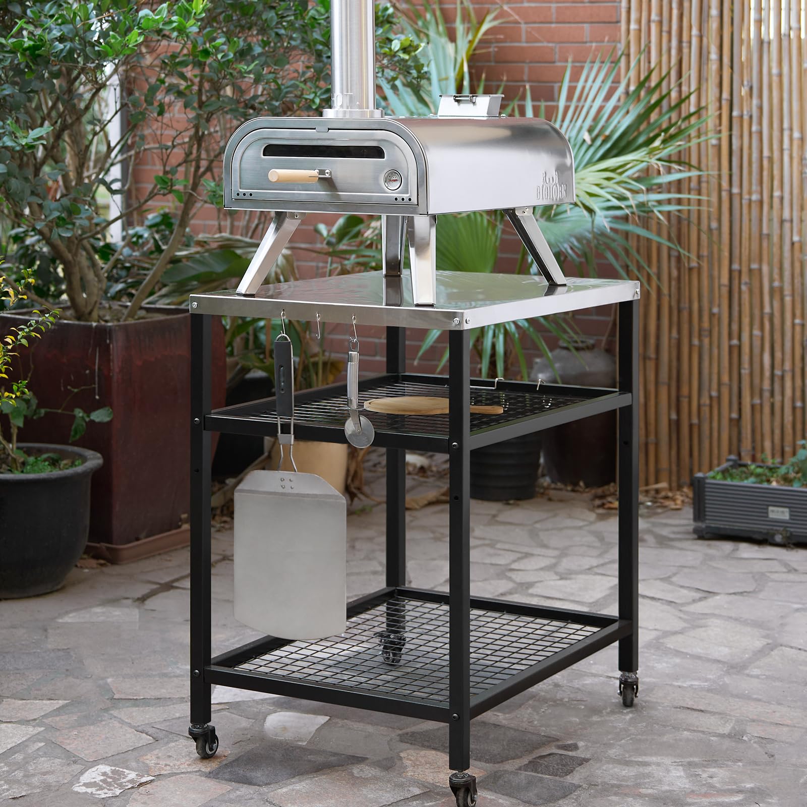 WEASHUME pizza oven stand, movable prep table with adjustable shelf.