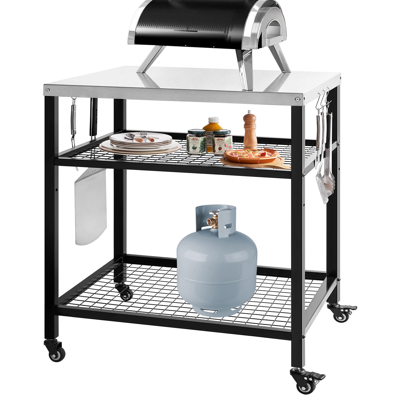 WEASHUME stainless steel grill cart with wheels, sturdy outdoor workstation.
