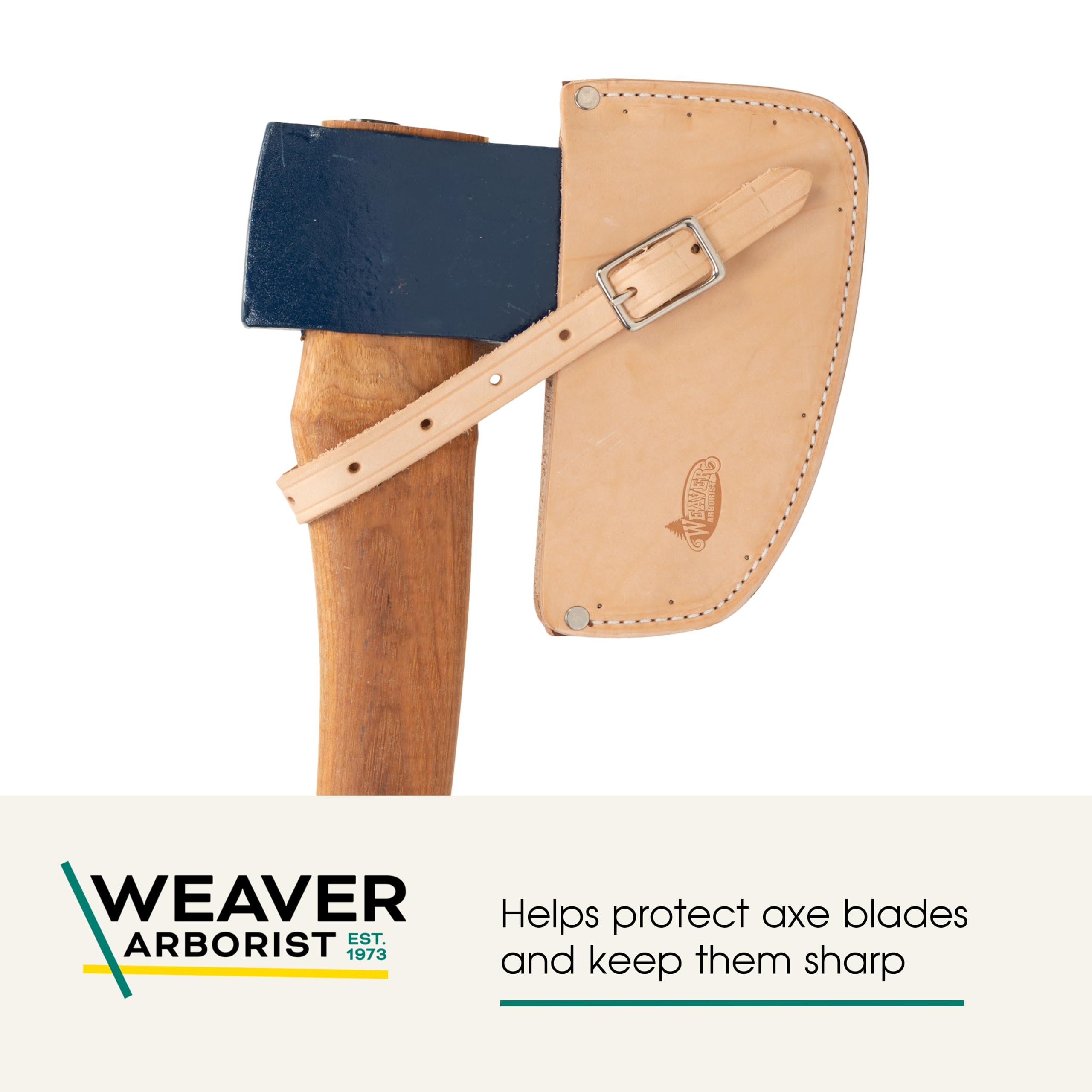 Weaver Leather Arborist Axe Guard tan, side view, shows adjustable strap in action.