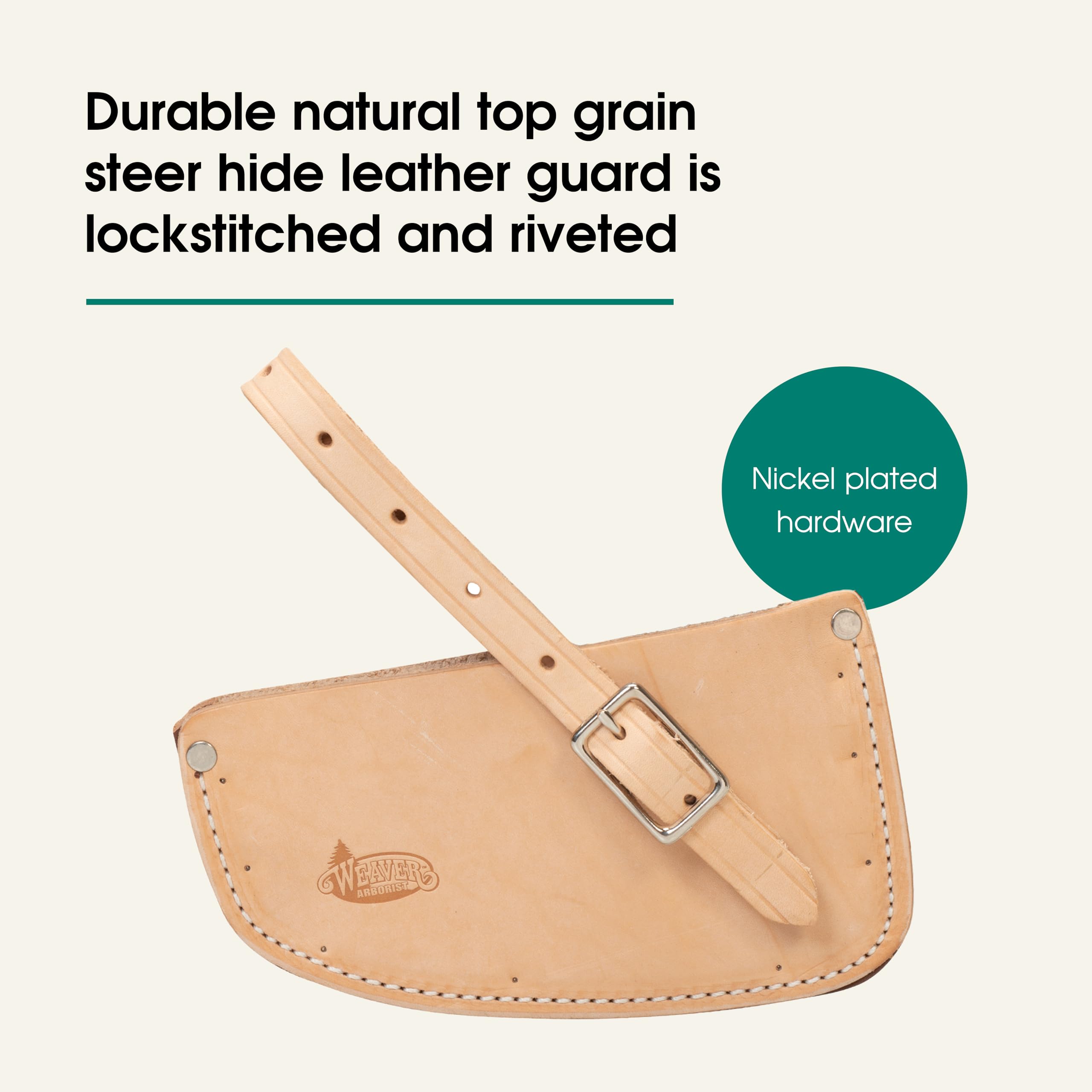 Weaver Leather Arborist Axe Guard tan strap detail highlights eight-hole adjustment.