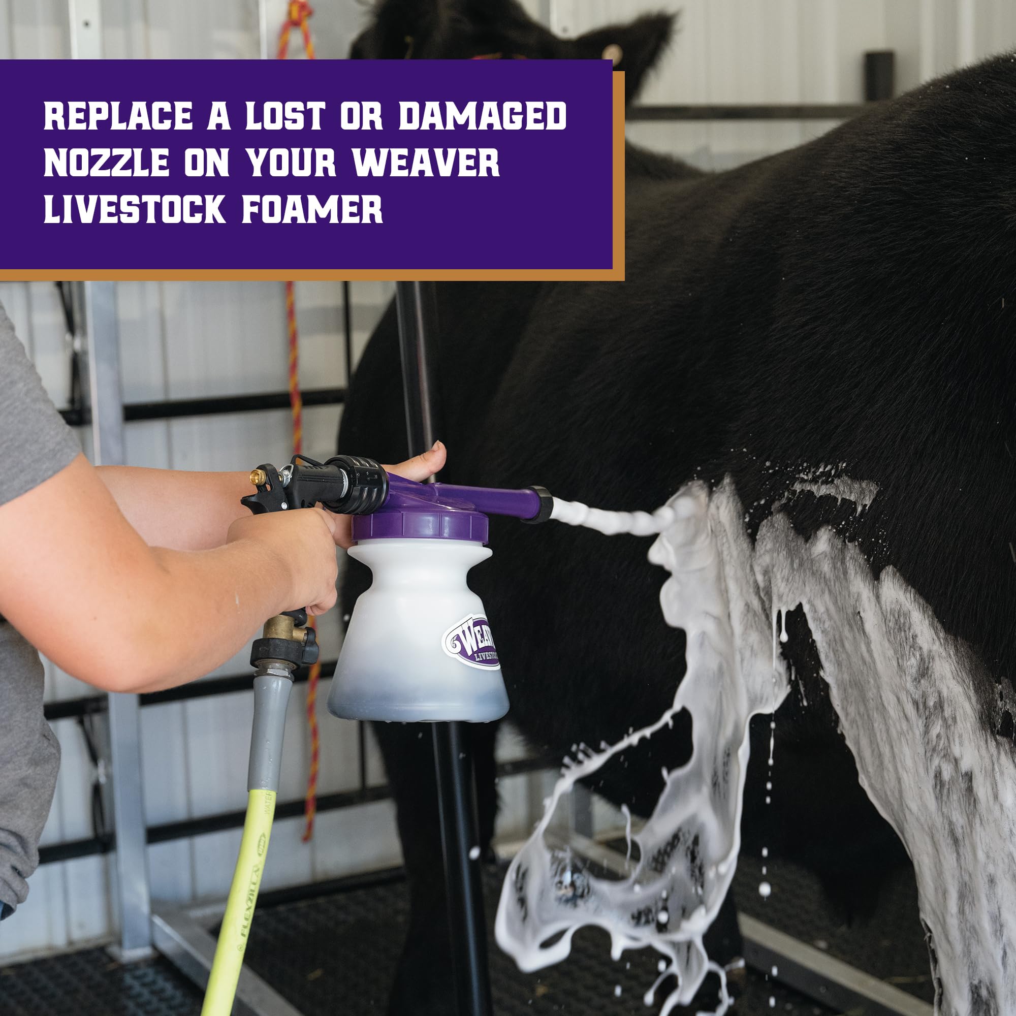 Weaver Leather dog grooming nozzle securely attaches to foamer sprayers for consistent output
