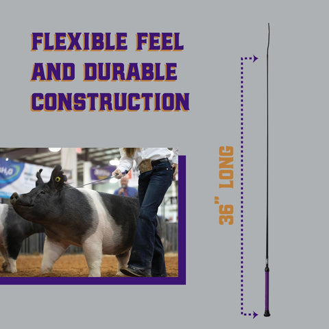 Weaver Livestock pig show whip with braided nylon handle for comfortable grip.