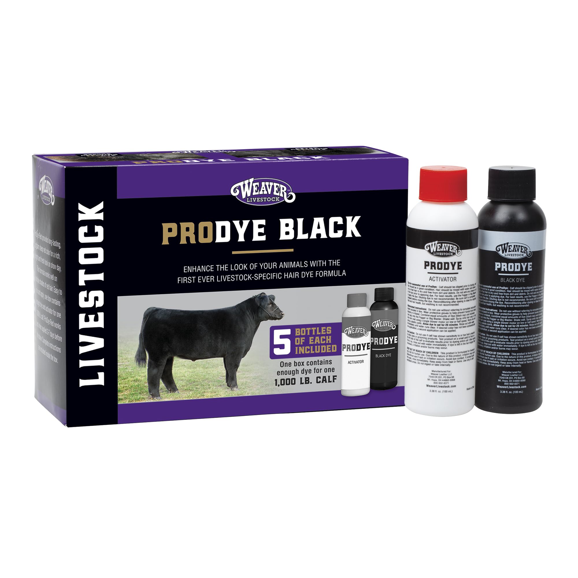 Weaver Livestock ProDye deep black bottle close-up showing bold color for show animals.