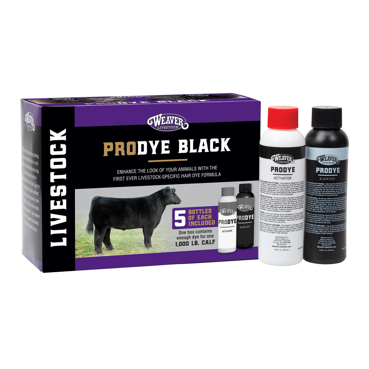Weaver Livestock ProDye deep black bottle close-up showing bold color for show animals.