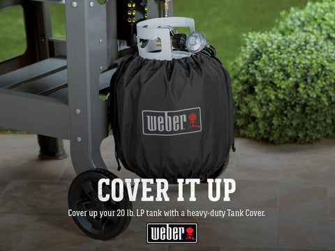 Weber 20 lb propane tank cover fabric close-up highlighting breathable durable material