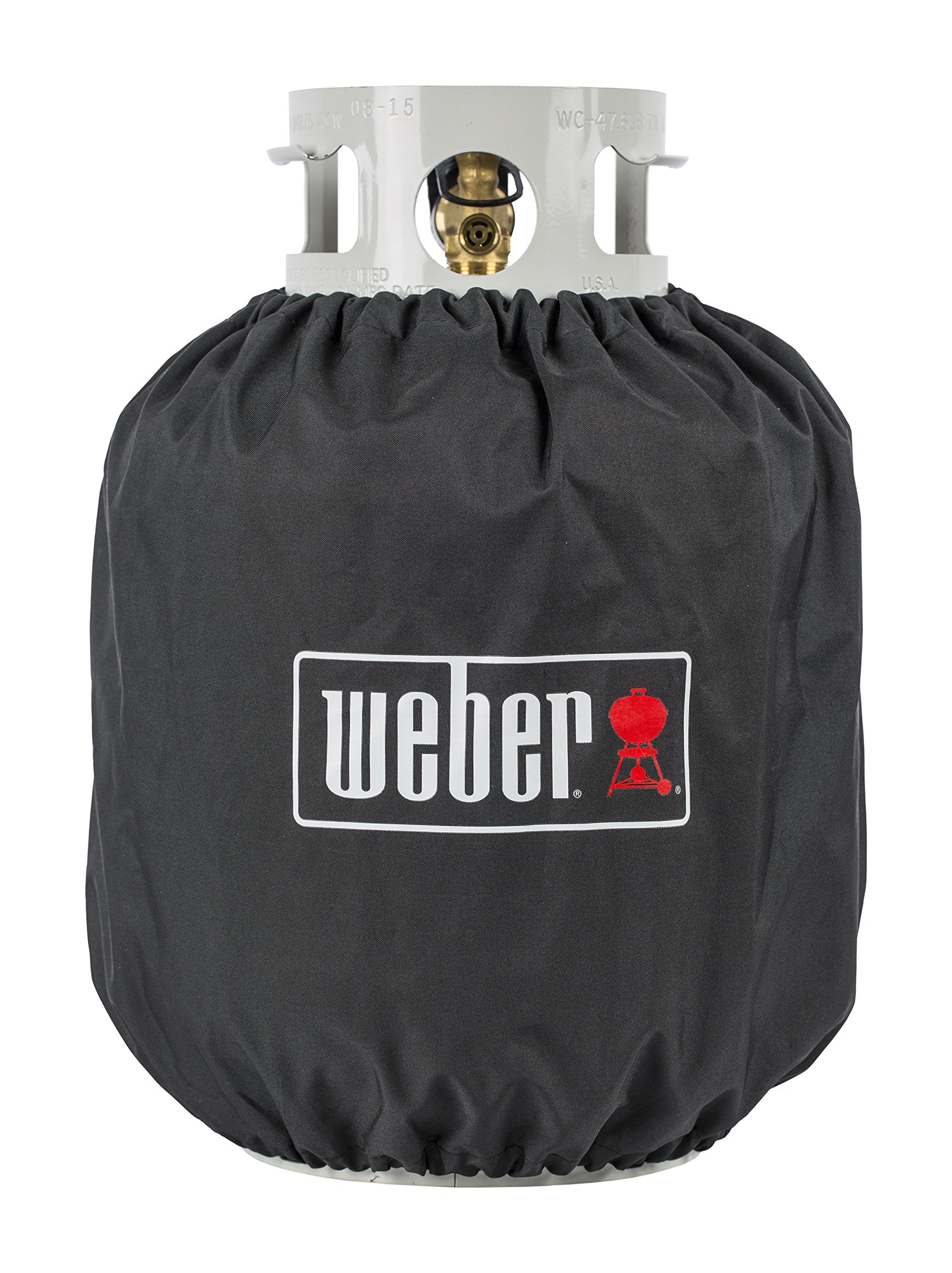 Weber 20 lb propane tank cover front view with weather-resistant fabric for outdoor use