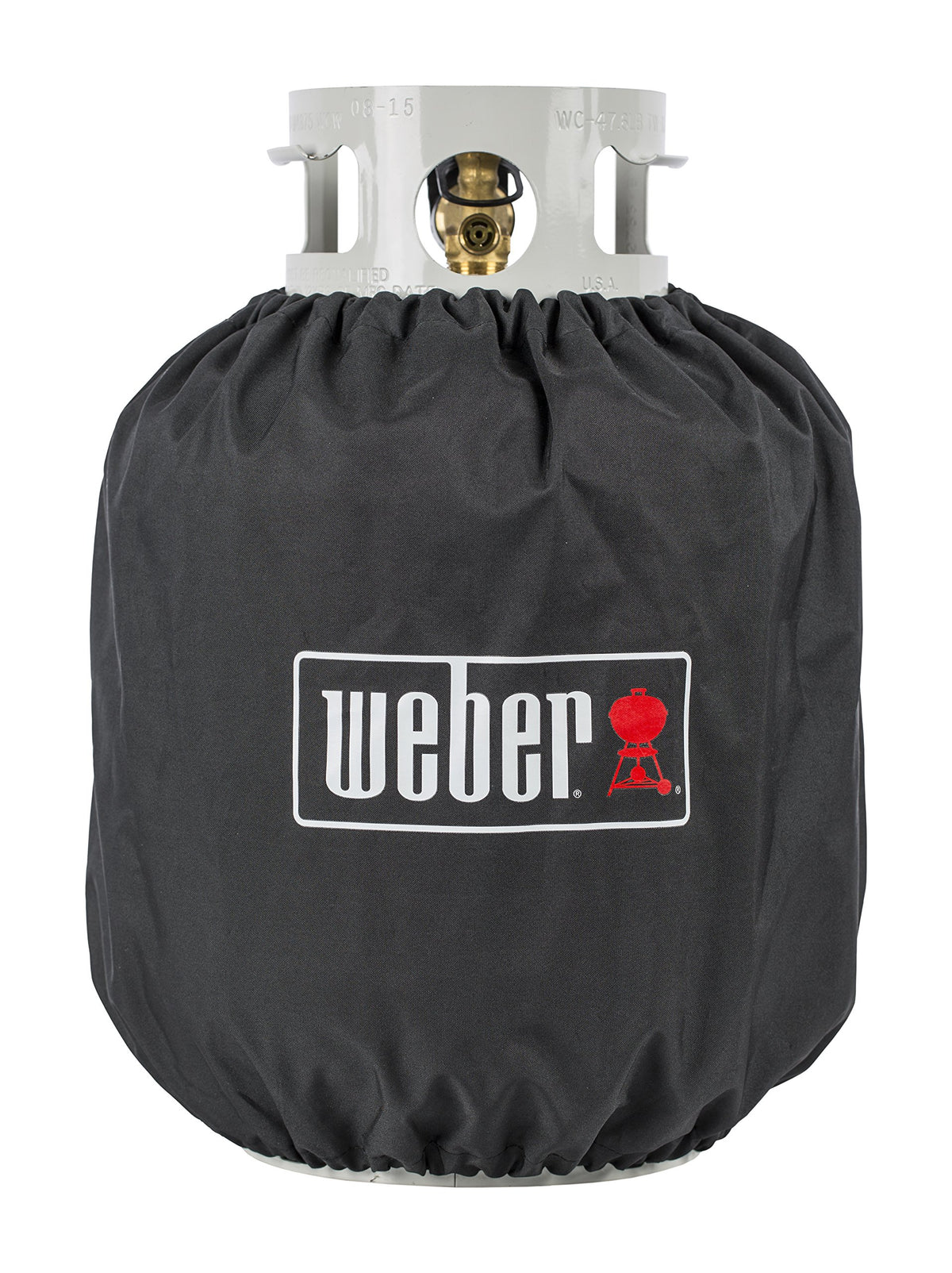 Weber 20 lb propane tank cover front view with weather-resistant fabric for outdoor use