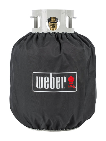 Weber 20 lb propane tank cover front view with weather-resistant fabric for outdoor use