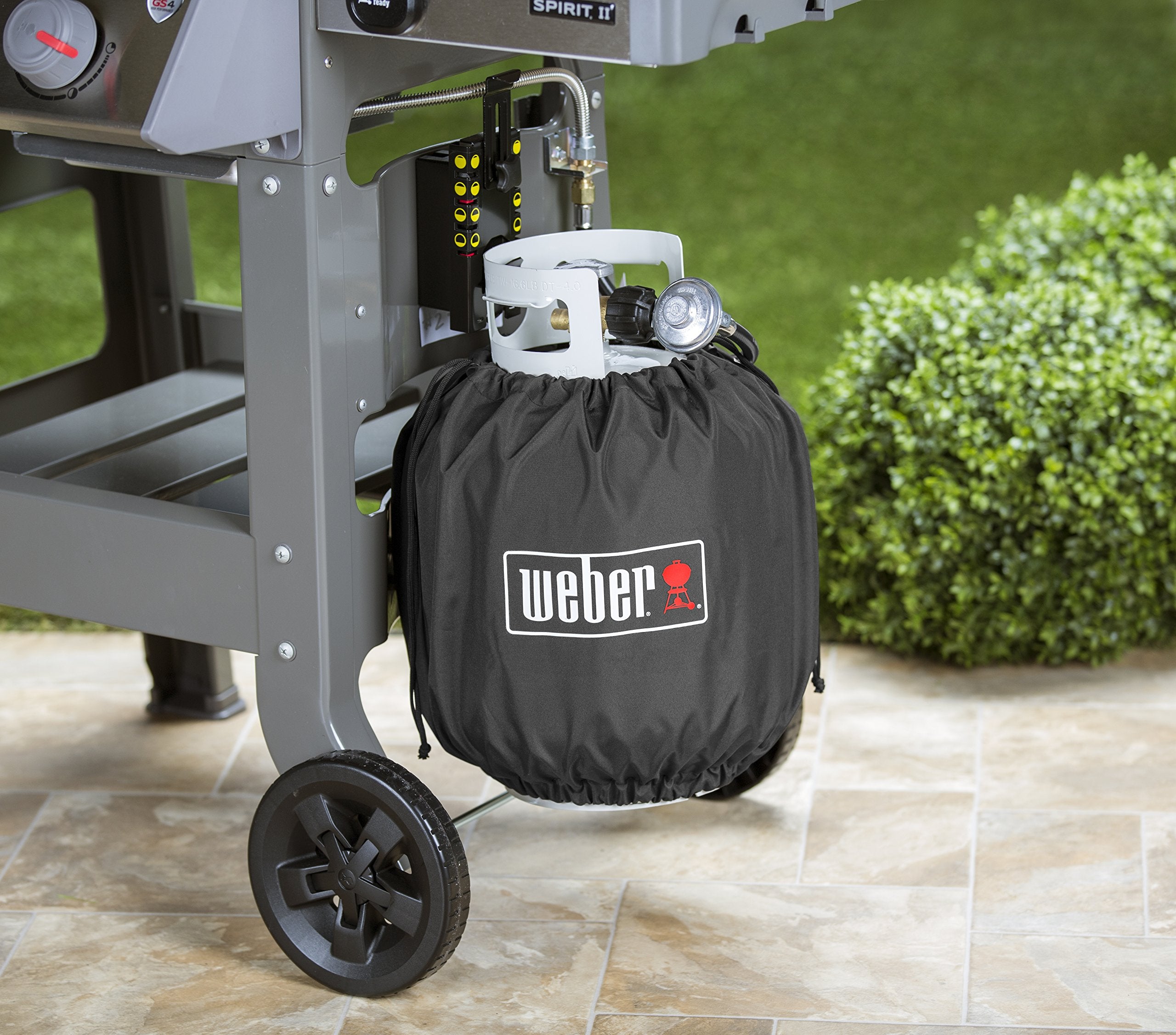 Weber 20 lb propane tank cover side view showing UV inhibitors for color retention